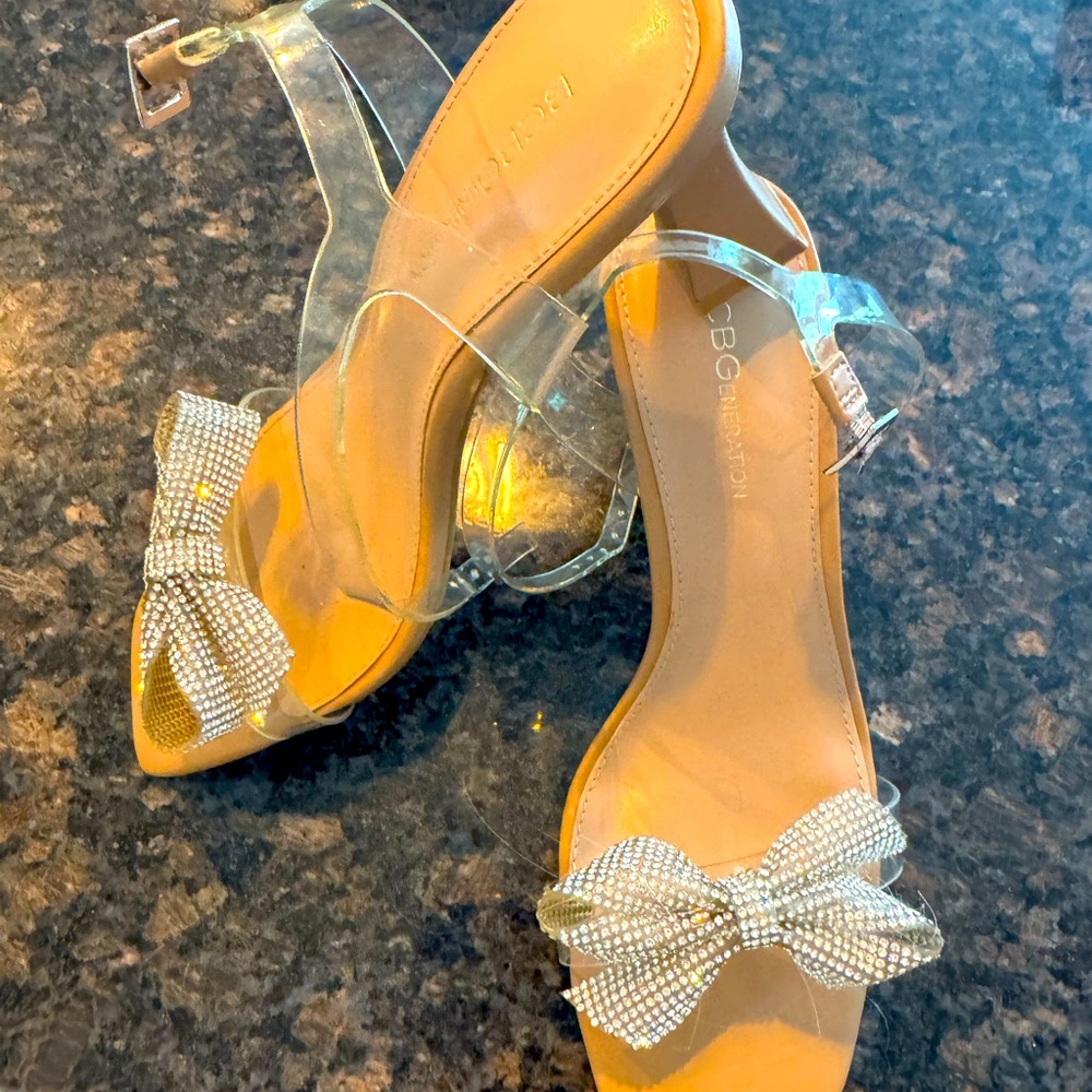 BCBG rhinestone bow heels